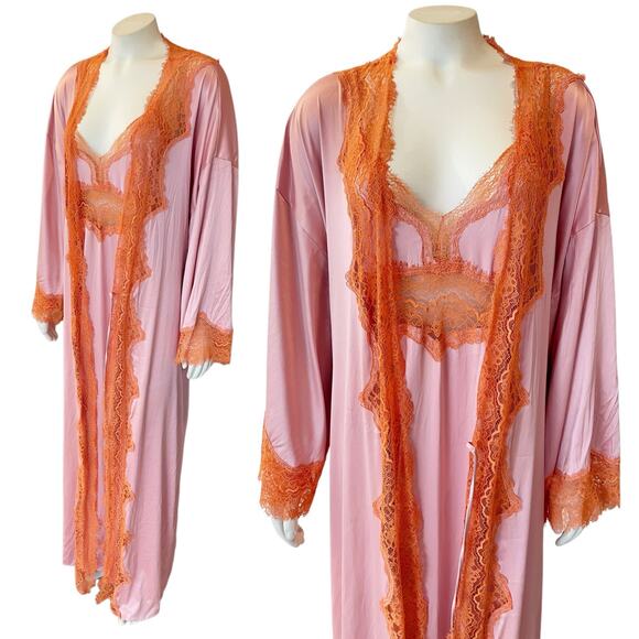Victoria’s Secret Pink and Orange Lace Long Robe and Slip Set Large/XL - Picture 1 of 16